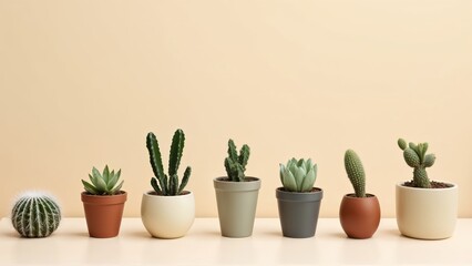 Obraz premium Generative AI, Minimalist Arrangement of Potted Cacti and Succulents in Soft Lighting