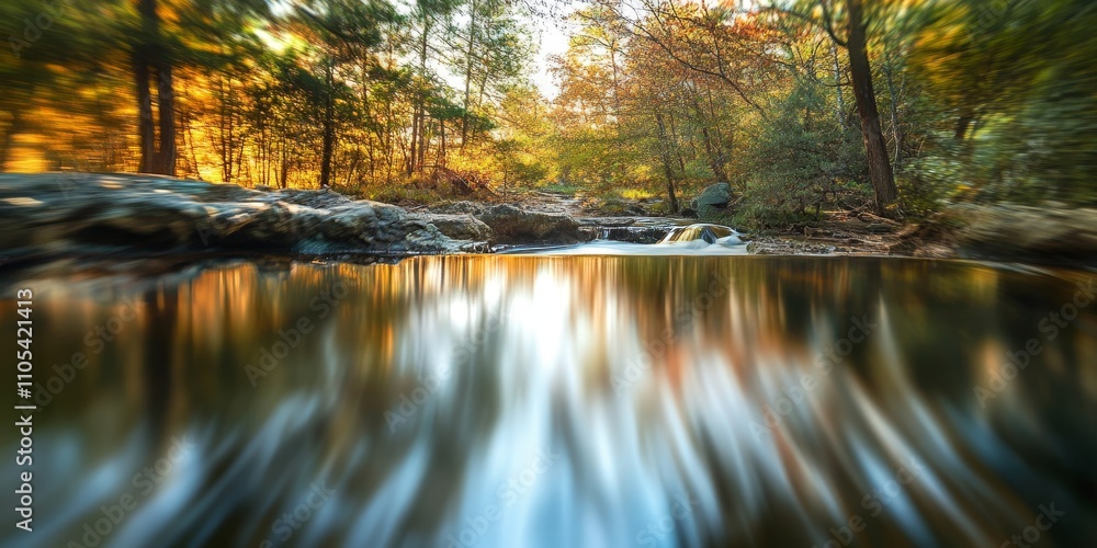 Poster Beautiful reflection captured in a serene setting. The beautiful reflection showcases the artistry of long exposure photography, emphasizing soft focus and motion blur in the enchanting scene.