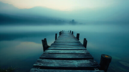Obraz premium A misty dawn at the wooden pier stretching into the calm waters of a serene lake surrounded by distant mountains