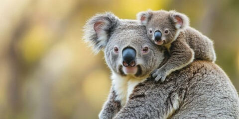 Naklejka premium Female koala, phascolarctos cinereus, carries a young koala on her back, showcasing the bond between parent and offspring. This captivating koala scene highlights the nurturing nature of koalas.