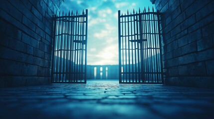 Open Iron Gates at Dawn with Blue Sky and Cloudy Background