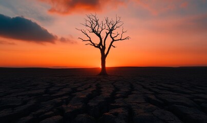 Fototapeta premium A lone, charred tree standing in a barren, cracked landscape with an ominous orange glow on the horizon from a nuclear blast 