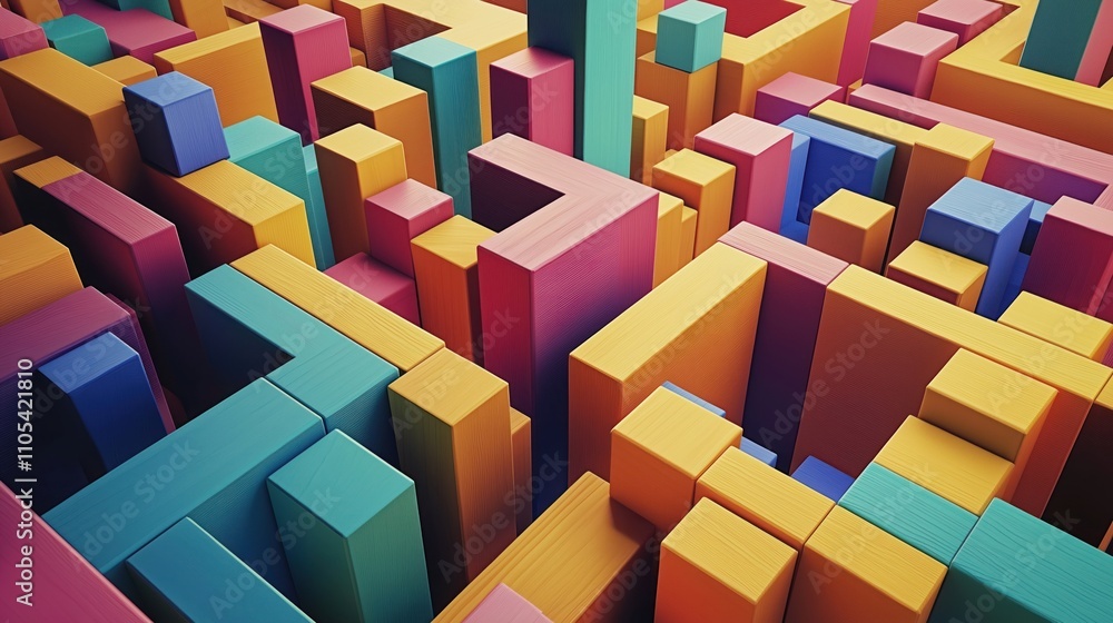 Poster colorful wooden blocks form complex labyrinth. geometric shapes create visual puzzle. abstract desig