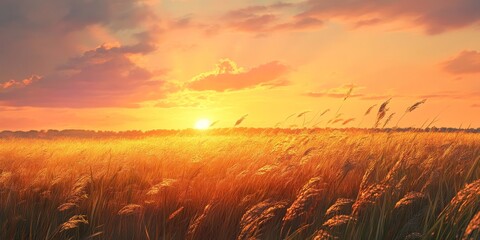 Fototapeta premium Serene grass bathed in the warm glow of sunset light creates a tranquil nature scene, highlighting the beauty of grass as it dances gently in the evening breeze. Perfect for capturing nature s