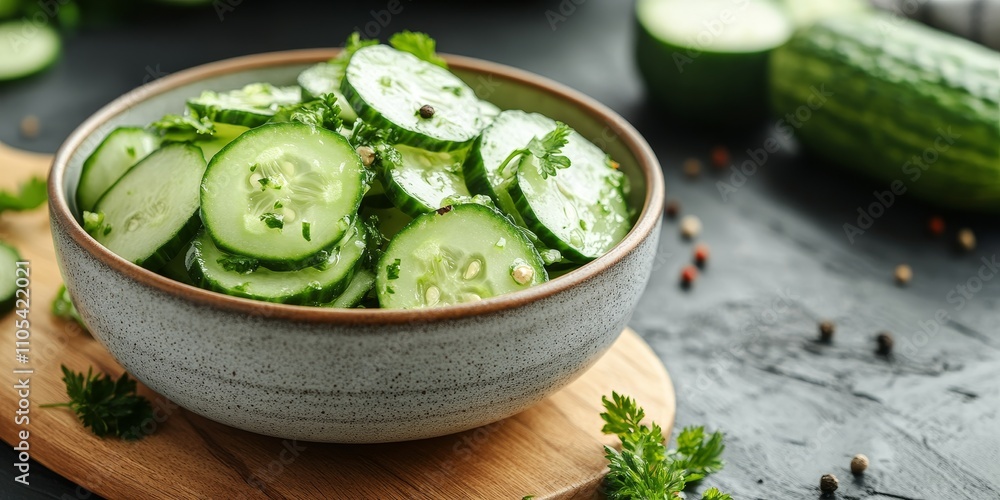 Poster crisp cucumber salad presented in a bowl atop a wooden board, showcasing the freshness of cucumber, 