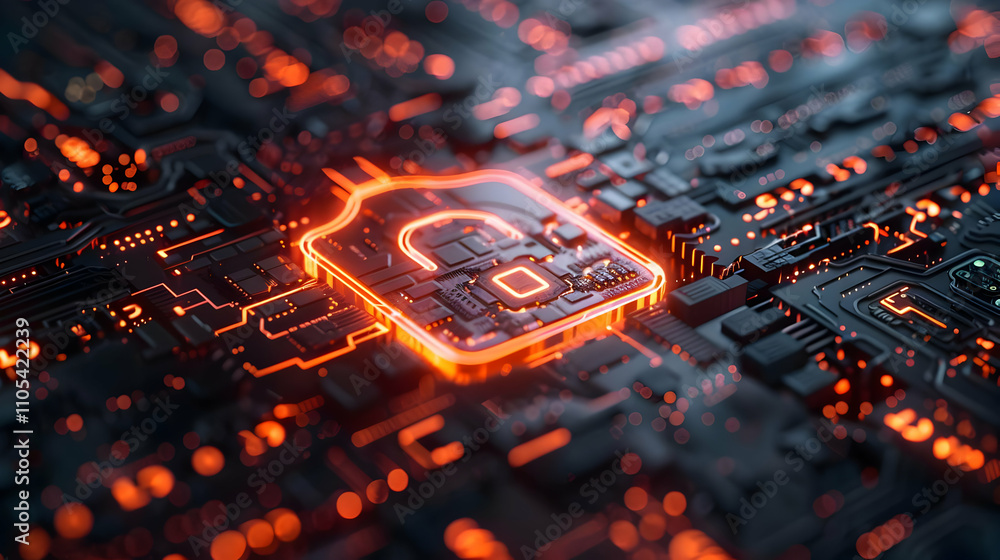 Poster 3d render of a cyber security lock integrated into circuit board with glowing orange lines, illustra