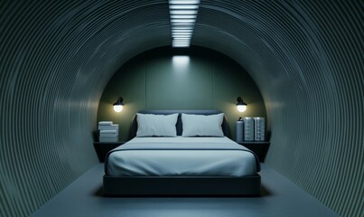 A modern bomb shelter built into a flat’s spare room, with sleek steel walls, neatly arranged supplies, and glowing emergency ventilation equipment 