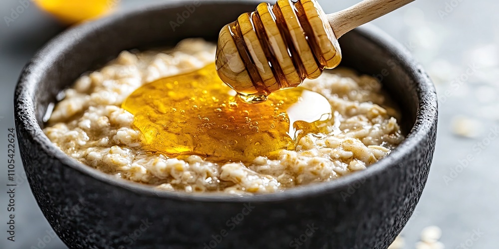 Poster rolled oats porridge topped with honey drizzles, creating a delicious and nutritious breakfast. enjo