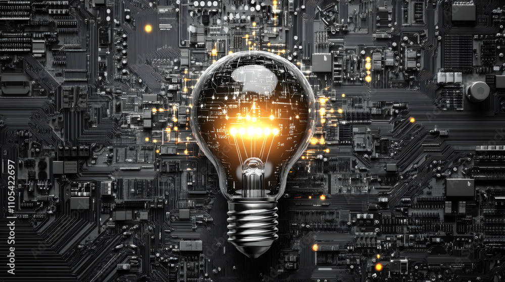 Poster light bulb shining on a circuit board, representing innovation, creativity, and the integration of i