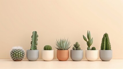 Obraz premium Generative AI, Minimalist Arrangement of Potted Cacti and Succulents in Soft Lighting
