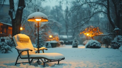 Snowy outdoor landscape with a single chair and dark yellow hanging light, snow on chair, clean white background.