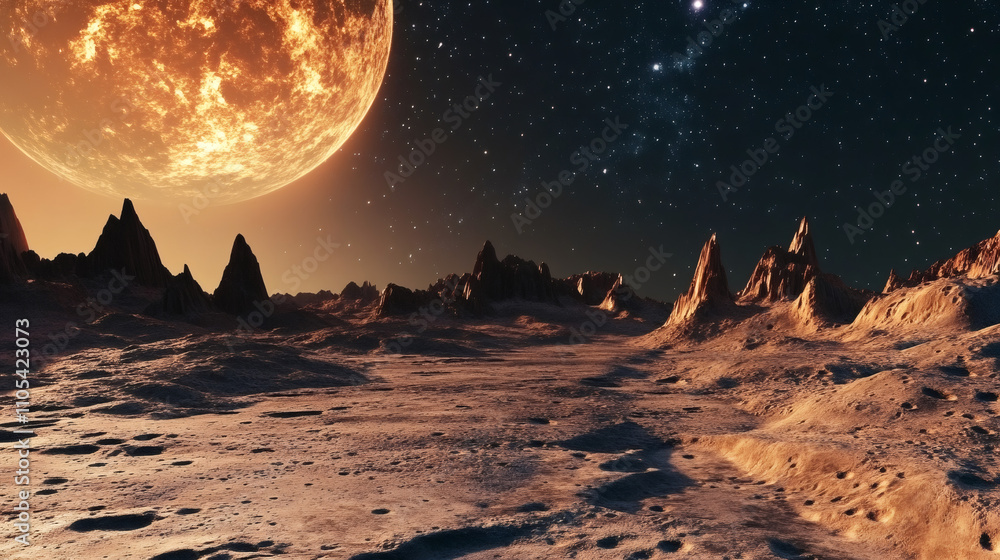 Aufkleber rocky mountains rising from a desolate alien planet surface illuminated by a large, glowing planet i