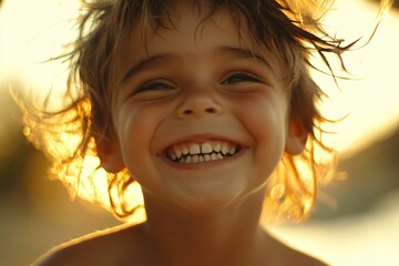 Happy joyful kid smiling happily, against sunrays lightning him from behind.  Happy childhood and summer holidays concept. Carefree children. Sunny vacation. Raising kids. Demography, population