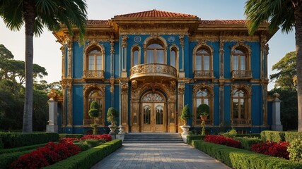 Majestic blue palace with ornate gold architectural details and formal garden. Classical European-style mansion featuring grand balconies, arched windows, and pristine landscaping with palm trees