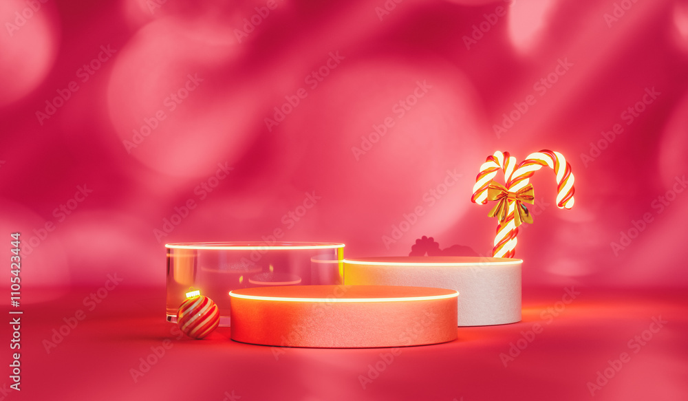 Leinwandbilder christmas podium backdrop with christmas ornaments and bokeh light. 3d rendering background