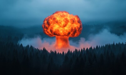 A surreal nuclear mushroom cloud rising above a dense forest, blending intense orange and gray smoke with glowing atmospheric light 
