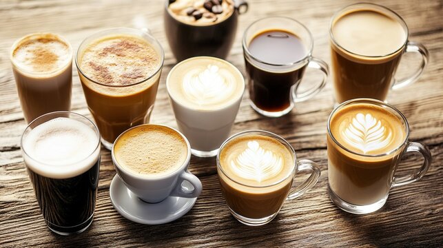 Variety of coffee drinks on rustic wood table