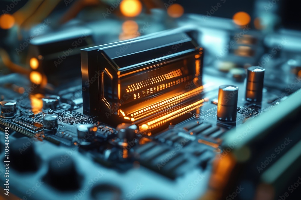Poster closeup view of advanced electronic equipment. generative ai tech created piece of equipment. comple