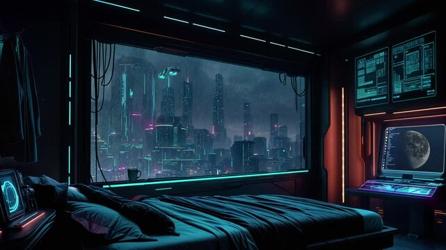 View of Cyberpunk City from the hotel room.