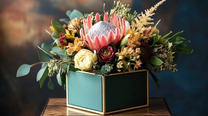 A luxurious gift box in emerald green with golden edges, topped with exotic fresh flowers like orchids and proteas.