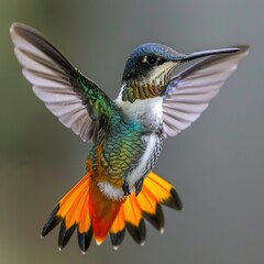 Fototapeta premium Vibrant black throated mango hummingbird with orange tail in flight.