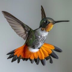 Fototapeta premium Vibrant black throated mango hummingbird with orange tail in flight.