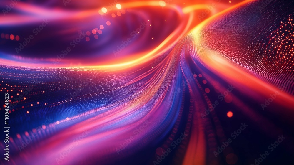Poster colorful abstract flowing waves with light particles and depth