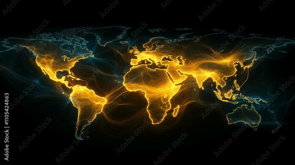 Poster abstract illuminated world map with vibrant glowing lines and colors