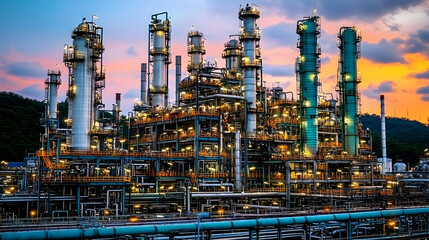 Fototapeta premium A Large Industrial Refinery Complex with Tall Towers and Piping Structures Against a Pink and Orange Sunset Sky