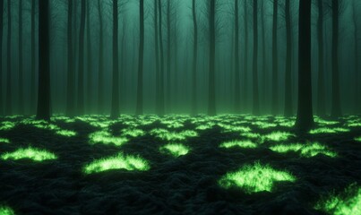 Obraz premium Dark forest illuminated by eerie green radioactive fog with mutated plants and glowing fungal growths spreading across the ground 