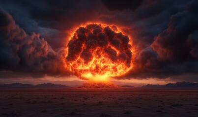 Dramatic nuclear explosion mushroom cloud rising over a barren desert landscape with glowing orange, red, and black smoke swirling intensely in the sky 