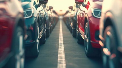 Obraz premium A parking lot filled with rows of used cars, focusing on the dealership and rental industry, highlighting the thriving automotive business and transportation market. The growing automotive market.