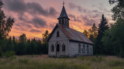 Fototapeta premium Abandoned Wooden Church at Sunset in a Forest