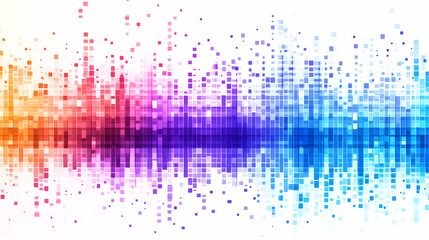 Abstract Digital Art Background with Pixelated Horizontal Stripes in Vibrant Rainbow Colors, Glowing on a White Background