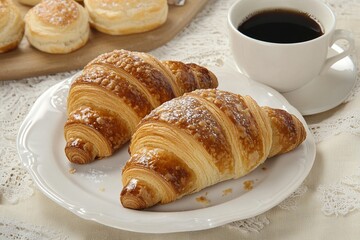 French croissants in a bakery display, with a cup of coffee on the side.