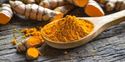 Close up of a wooden spoon filled with turmeric powder alongside fresh turmeric roots on a rustic wooden table, showcasing the vibrant color and texture of turmeric.