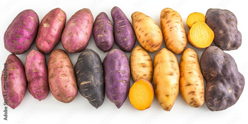 Poster varieties of sweet potatoes in various colors displayed on a white background, highlighting the uniq