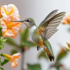 Fototapeta premium Hummingbird and flower in flight on white background.
