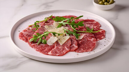 Traditional Beef Carpaccio with Truffle Oil and Aged Parmesan, Italian Appetizer Photography