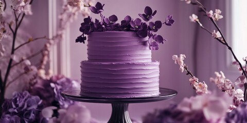 Purple cake designed for a celebration, featuring elegant purple themed decor that enhances the overall aesthetic. This purple cake is perfect for any event with a purple theme.