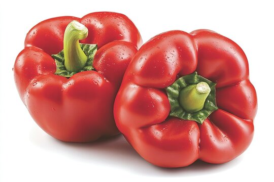 A whole red bell pepper in one piece on a white background. 