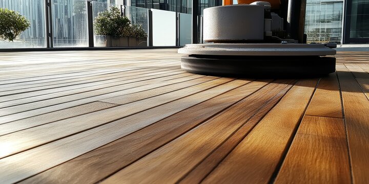 Sanding process of wooden terrace floors involves a sanding machine that effectively removes imperfections, ensuring a smooth and polished finish for stunning wooden terrace floors.