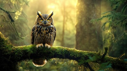 Obraz premium A majestic owl perched on a moss-covered branch in a dense forest, its golden eyes piercing through the twilight.