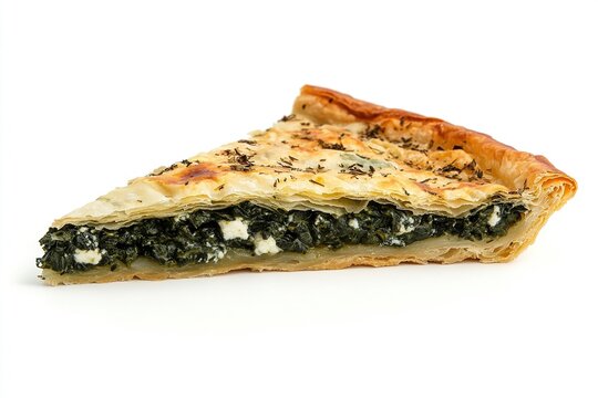 A single slice of Greek spanakopita with spinach and feta filling on a white background. 