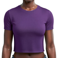 Empty white background display of a slim fit violet crop top woman's t-shirt mockup with folds and creases accentuated. Generative AI