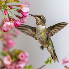 Fototapeta premium Hummingbird flying with pink flowers on white background