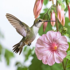 Fototapeta premium Hummingbird flying with pink flowers on white background
