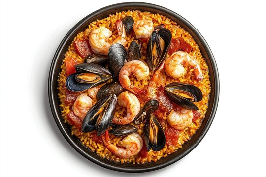 A plate of Spanish paella with saffron rice, shrimp, and mussels on a white background. 