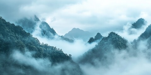 Naklejka premium Misty mountains enveloped in morning fog create a serene atmosphere, showcasing the beauty of morning mist in the mountains. Experience the tranquility of morning mist in the mountains today.