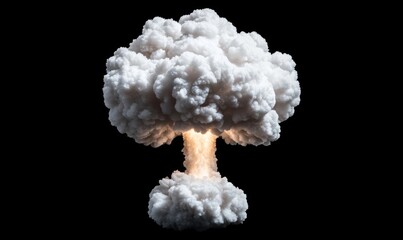 Isolated mushroom cloud from a nuclear explosion billowing upward with glowing white-hot core and dark ash clouds on a stark black background 
